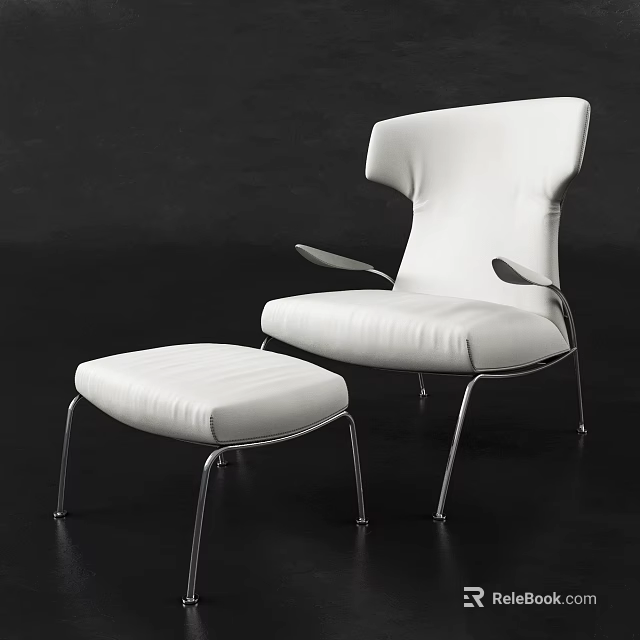 White Leather Leisure Chair with Matching Ottoman and Sleek Metal Frame on Dark Background 3d model 