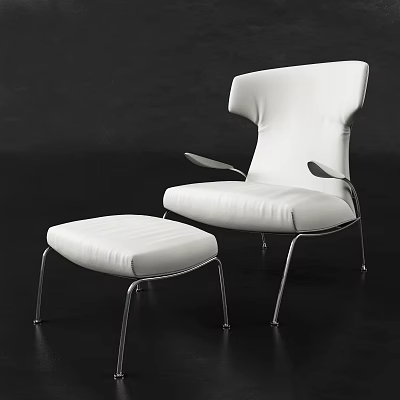 White Leather Leisure Chair with Matching Ottoman and Sleek Metal Frame on Dark Background 3d model