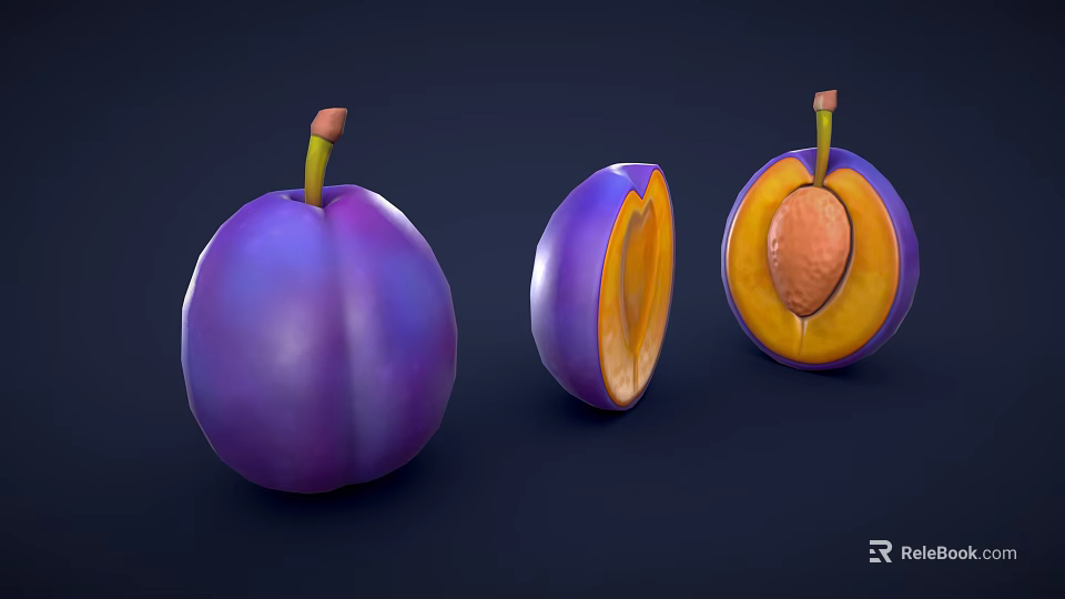 Whole and Cut Purple Plums Showing Yellow Flesh and Seed on Dark Background 3d model 