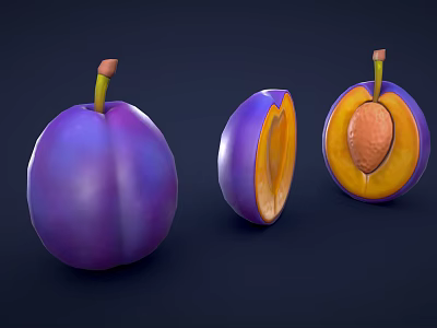 Whole and Cut Purple Plums Showing Yellow Flesh and Seed on Dark Background 3d model