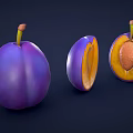 Whole and Cut Purple Plums Showing Yellow Flesh and Seed on Dark Background