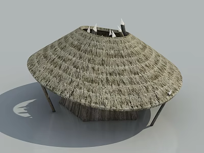 Rustic Thatched Roof Structure With Classic Wooden Swing Door Design 3d model