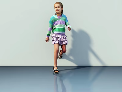 Young Girl Dancing In Colorful Sweater And Ruffled Skirt On Shiny Floor With Light Background 3d model