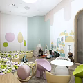 Colorful Kindergarten Indoor Space With Playful Chairs Round Table Wall Decorations And Toys