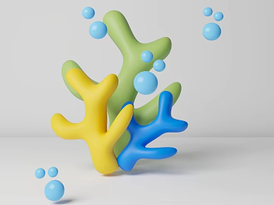 Colorful Coral Shaped Structures In Green Yellow Blue With Blue Bubbles On White Background 3d model