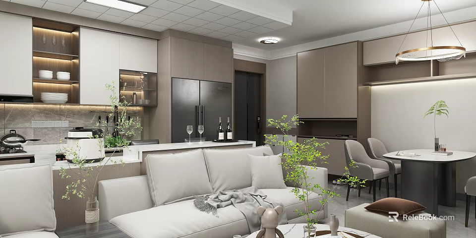 Modern Living And Dining Room Interior With Comfortable Sofa Dining Table And Green Plants 3d model 