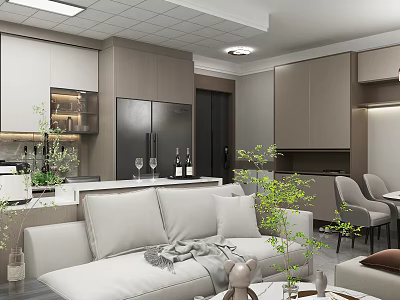 Modern Living And Dining Room Interior With Comfortable Sofa Dining Table And Green Plants 3d model