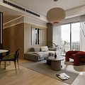 Modern Living and Dining Room Interior Design With Grey Sofa Red Armchair And Floor to Ceiling Windows
