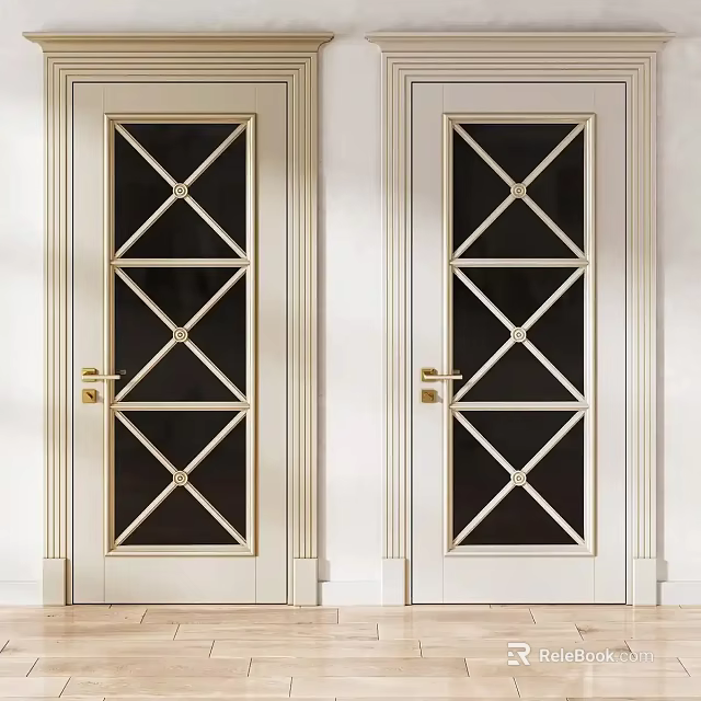 White Hinged Doors With Geometric Black Grid Patterns Gold Handles And Decorative Frames 3d model