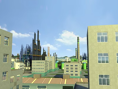 Industrial Plant Exterior With Tall Chimneys Piping Structures Green Storage Tanks Buildings And Blue Sky 3d model