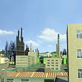 Industrial Plant Exterior With Tall Chimneys Piping Structures Green Storage Tanks Buildings And Blue Sky
