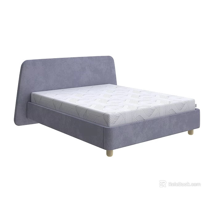 Modern Gray Double Bed With Upholstered Headboard Textured White Mattress And Wooden Legs 3d model 