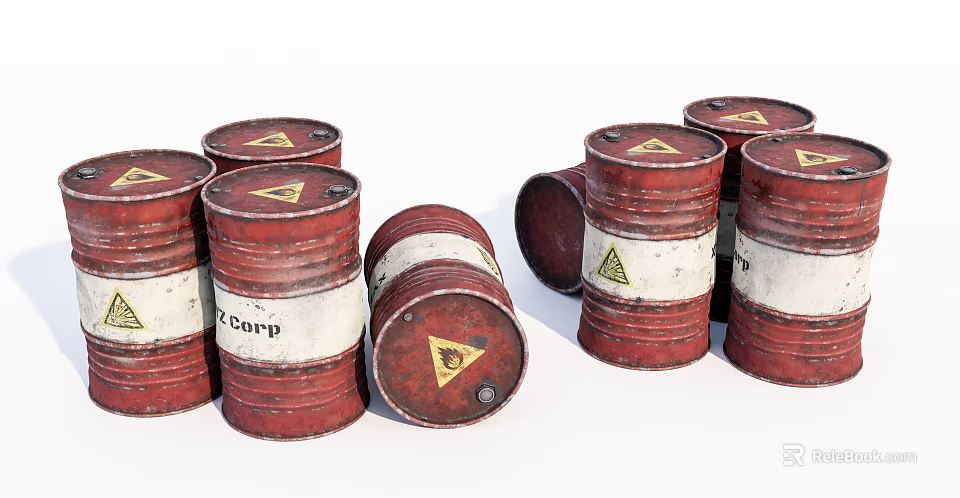 Multiple Red Industrial Equipment Barrels With Corp Label And Warning Signs 3d model 