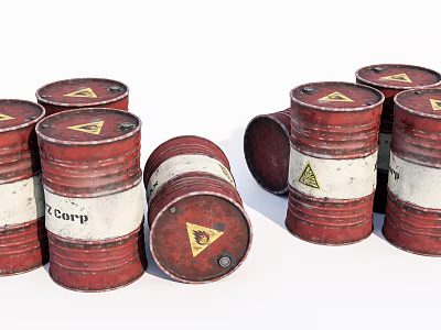 Multiple Red Industrial Equipment Barrels With Corp Label And Warning Signs 3d model