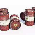 Multiple Red Industrial Equipment Barrels With Corp Label And Warning Signs