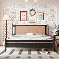 Elegant Bedroom Design With Beige Upholstered Headboard Floral Wallpaper And Framed Artworks