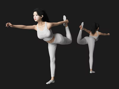 Woman Practicing Yoga Pose in White Athletic Outfit Against Black Background Two Angles 3d model