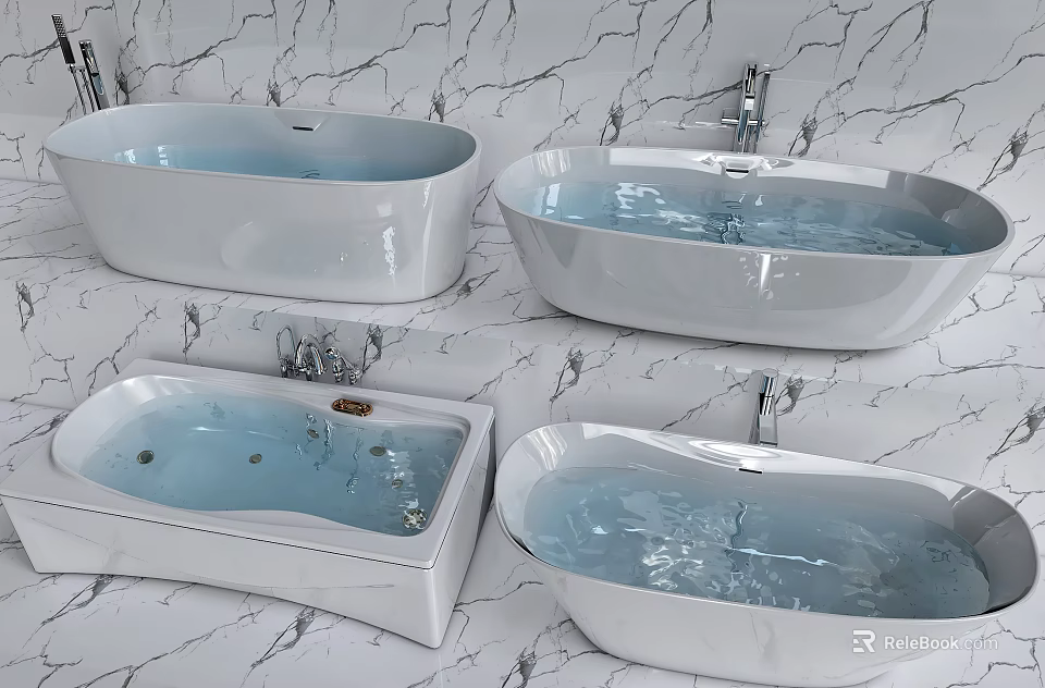 Elegant Modern Bathtub Styles With Various Shapes Marble Background And Faucets 3d model 