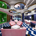 Stylish Hotel Public Lounge Area with Pink Blue Geometric Floor Circular Lighting and Sofas Chairs