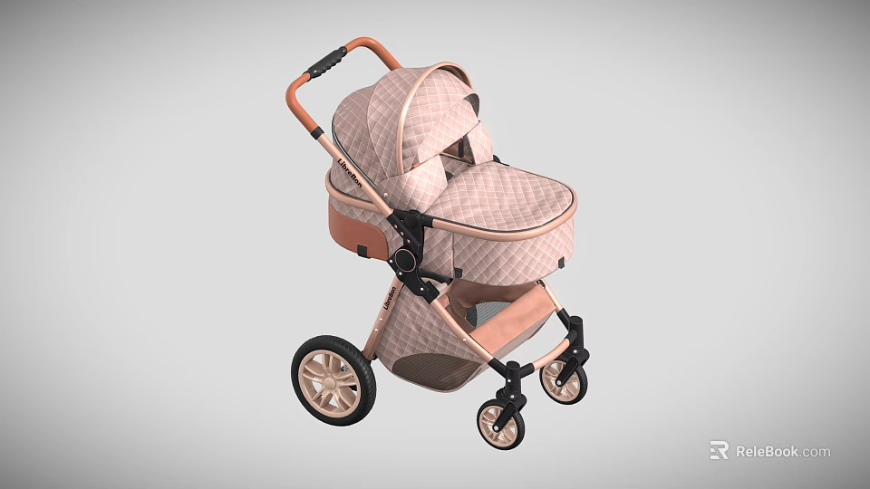 Cute Pink Checkered Toddler Play Equipment Stroller with Canopy Seat and Wheels 3d model 