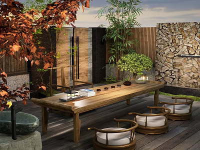 Serene Courtyard Garden With Wooden Long Table Chairs White Cushions Red Maple Bamboo Stone Wall 3d model