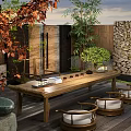 Serene Courtyard Garden With Wooden Long Table Chairs White Cushions Red Maple Bamboo Stone Wall