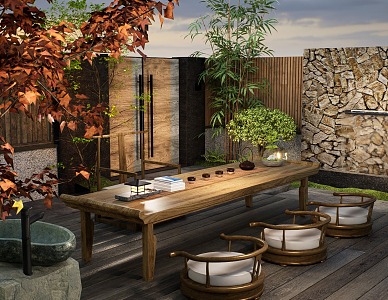 Japanese style outdoor tea table and chair courtyard micro landscape tree plant landscape 3d model