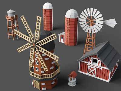 Detailed Rural Farm 3D Models With Windmill Barn Water Tower And Structures 3d model