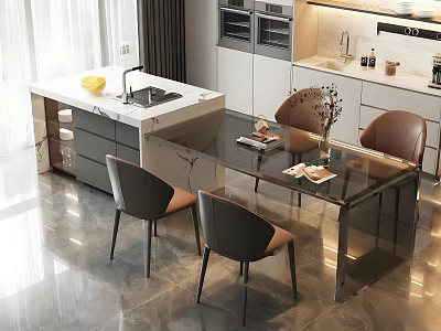 Elegant Modern Bar Counter Area With Glass Tabletop And Leather Seated Chairs 3d model