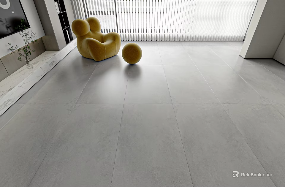 Light Gray Large Format Floor Tiles In Modern Living Space 3d model