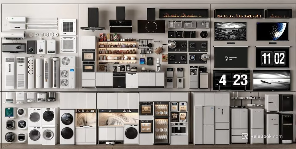 Modern Display Wall Featuring Various Household Appliances Including Kitchen And Home Devices 3d model 
