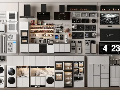 Modern Display Wall Featuring Various Household Appliances Including Kitchen And Home Devices 3d model