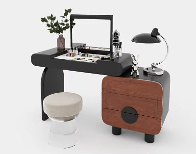 Stylish Black Dressing Table With Mirror Table Lamp Stool Cosmetics And Potted Plant 3d model