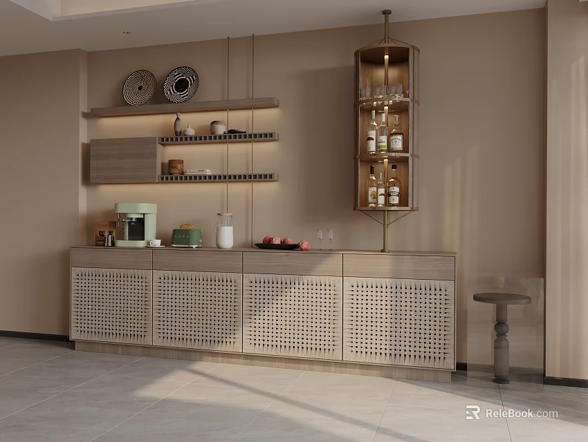Modern Minimalist Sideboard With Rattan Doors Open Shelves Decorative Plates And Wine Rack 3d model 