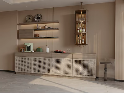 Modern Minimalist Sideboard With Rattan Doors Open Shelves Decorative Plates And Wine Rack 3d model