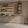 Modern Minimalist Sideboard With Rattan Doors Open Shelves Decorative Plates And Wine Rack