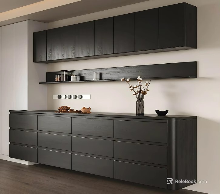 Modern Black Wooden Sideboard With Upper Shelf Decorative Vase And Dried Fruits 3d model 