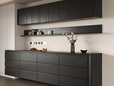 Modern Black Wooden Sideboard With Upper Shelf Decorative Vase And Dried Fruits 3d model