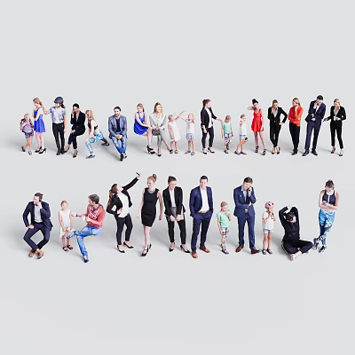 Diverse Group of People Standing and Sitting in Various Poses with Different Ages 3d model