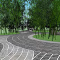 Serene Garden Landscape With Tall Bamboo Trees Curved Stone Path And Green Grass