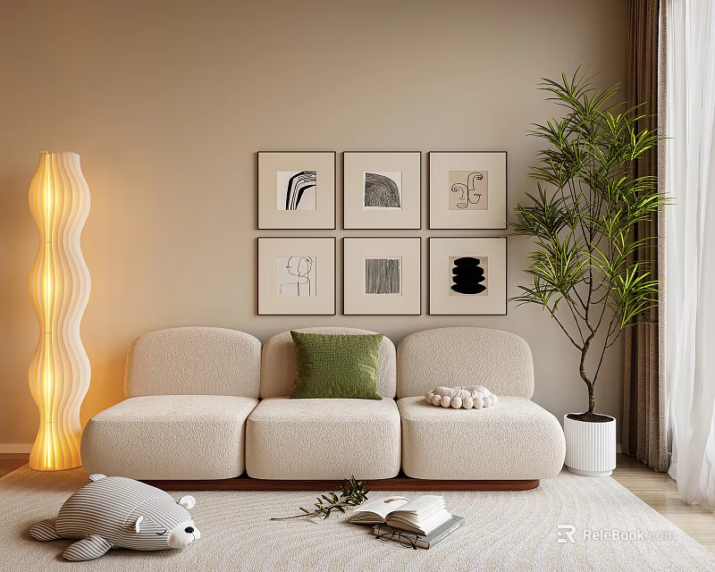 Beige Three Seater Sofa Living Room With Green Cushion Six Framed Artworks Floor Lamp And Potted Plant 3d model 