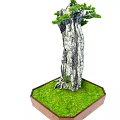 Garden Ornament Potted Plant Featuring Textured Tree Trunk Green Foliage and Grass