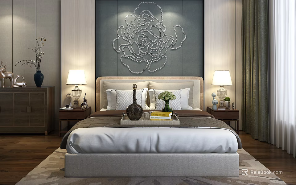 Bed in Background with Rose Patterned Wall Flanked by Nightstands Table Lamps and Elegant Bedding 3d model 