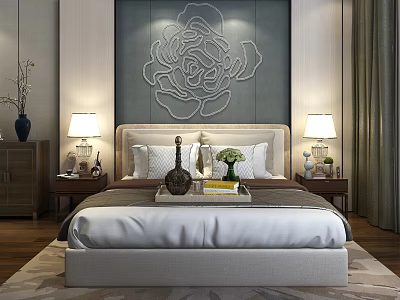 Bed in Background with Rose Patterned Wall Flanked by Nightstands Table Lamps and Elegant Bedding 3d model