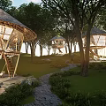 Natural Wooden Gazebo Structure In Woodland Area With Jogging Path And Greenery