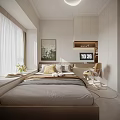 Tatami Bedroom Interior Design With Window Curtains Decorative Painting Desk Chair And Clock