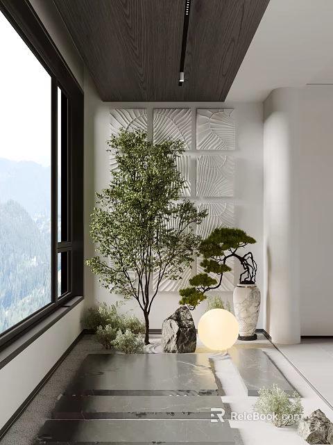 Indoor Garden Accents Featuring Green Plants Bonsai Tree Textured Wall Panel Near Mountain View Window 3d model 