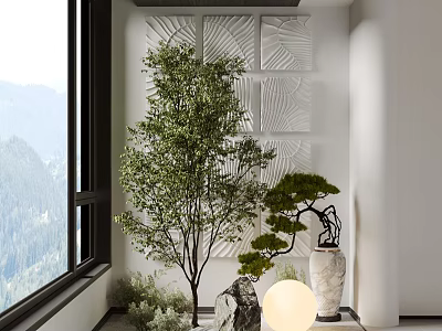 Indoor Garden Accents Featuring Green Plants Bonsai Tree Textured Wall Panel Near Mountain View Window 3d model