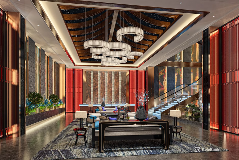 Hotel Lobby Interior Design With Modern Chandeliers Red Pillars And Elegant Seating Area 3d model