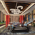 Hotel Lobby Interior Design With Modern Chandeliers Red Pillars And Elegant Seating Area 3d model